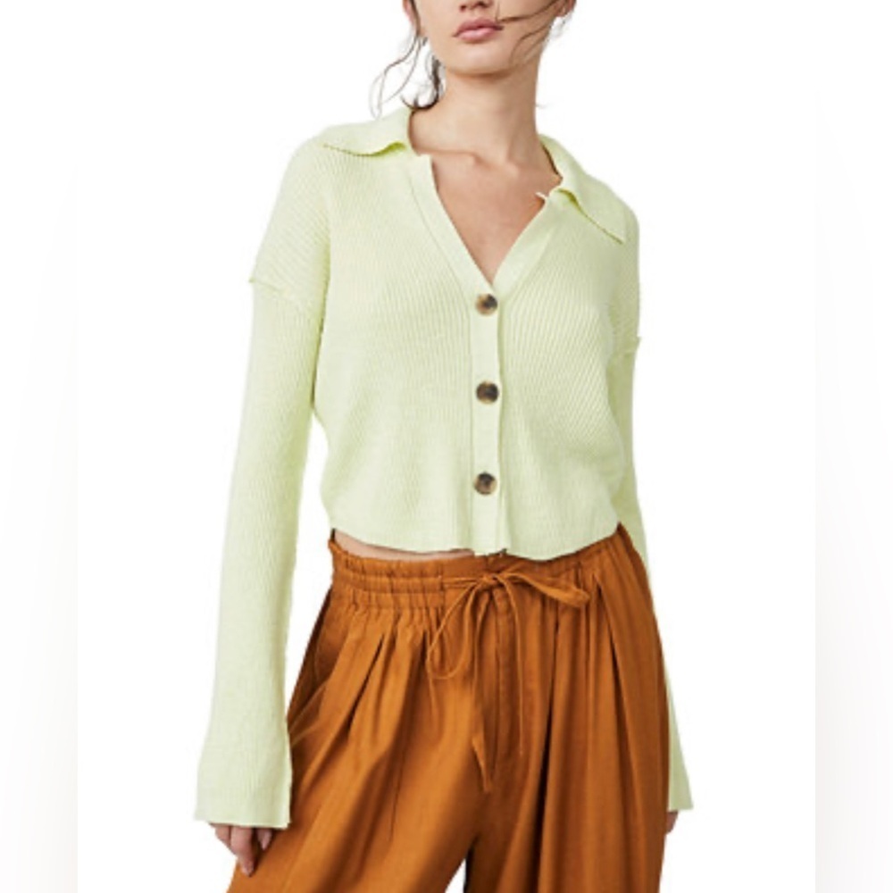 Free People Ella Women's Light Green Button-Up Cropped Sweater
